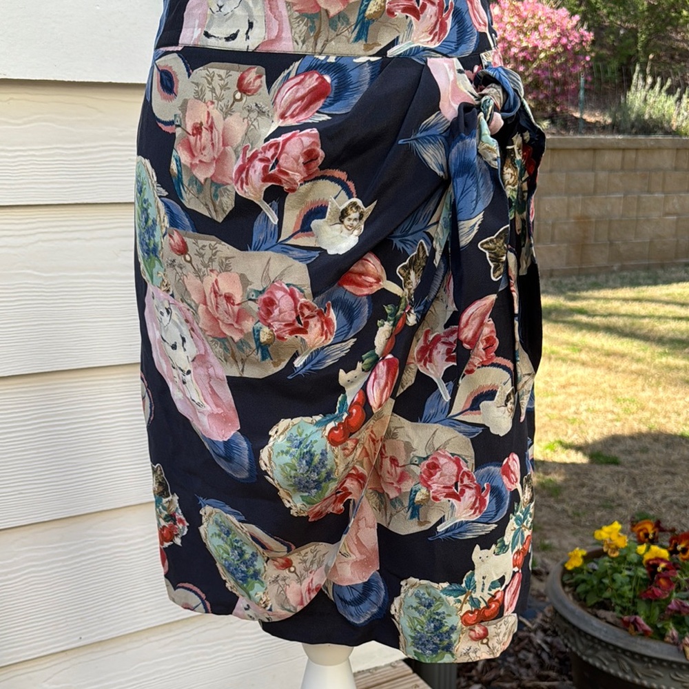 Anthropologie Floral and Cat Print faux wrap skirt